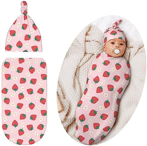 Qwalnely Swaddling Blanket for Baby, Sleeping Sacks, Unisex Baby Stuff with Hat, Strawberry Qwalnely