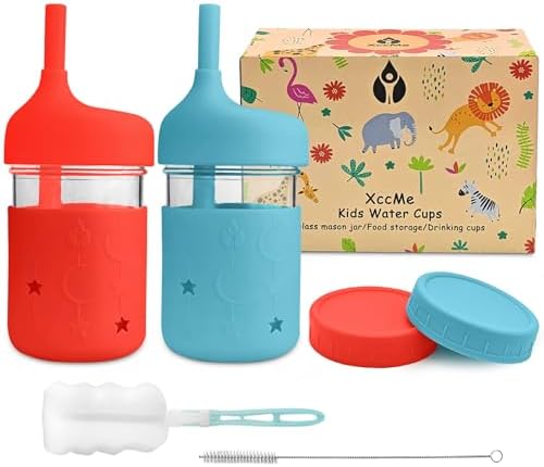 XccMe Kids Glass Cups With Lids and Straws,8 oz Toddler Sippy Cups,Snack Cups for Toddlers Spill Proof with Silicone Sleeves,Straws with Stoppers,Silicone Lids,Smoothie Kids cups,Set of 2 XccMe