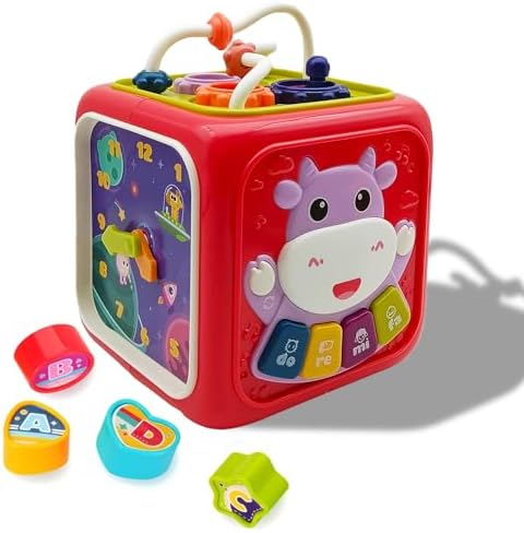 TDDFCL 6 in 1 Baby Toys Activity Cube, Toddler Sensory Toy Bead Maze Shape Sorter with Music and Lights, Christmas Birthday Gifts for 1 2 Years Old Boys Girls(Red) TDDFCL