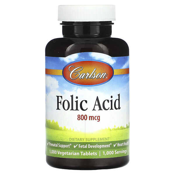 Folic Acid, 800 mcg, 1,000 Vegetarian Tablets Carlson