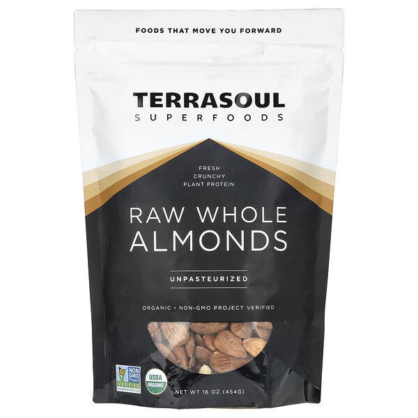 Raw Whole Almonds, Unpasteurized, 16 oz (454 g) Terrasoul Superfoods