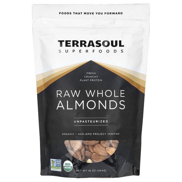 Raw Whole Almonds, Unpasteurized, 16 oz (Унции) (454 g) Terrasoul Superfoods