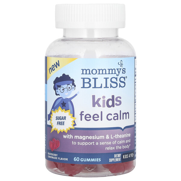 Kids Feel Calm Gummies with Magnesium & L-Theanine, Sugar Free, 4 Yrs+, Raspberry Lemonade, 60 Gummies Mommy's Bliss