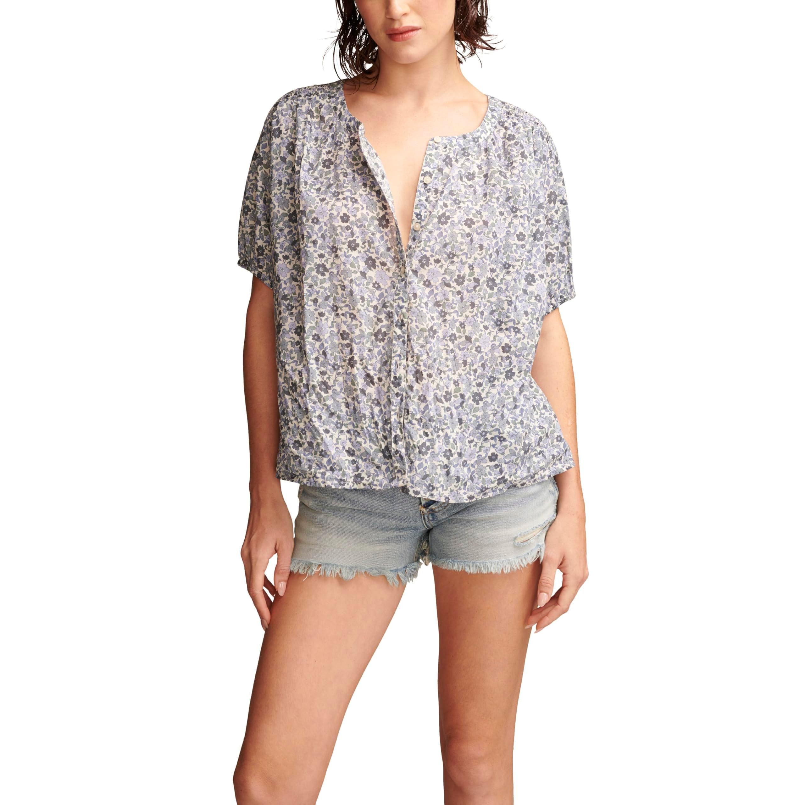 Printed Smocked Shoulder Blouse Lucky Brand