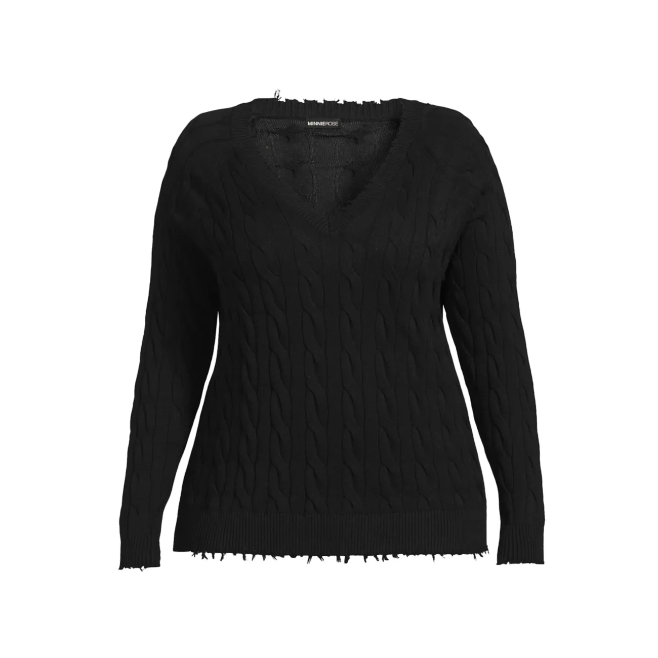 Frayed Cable-Knit V-Neck Sweater Minnie Rose, Plus Size