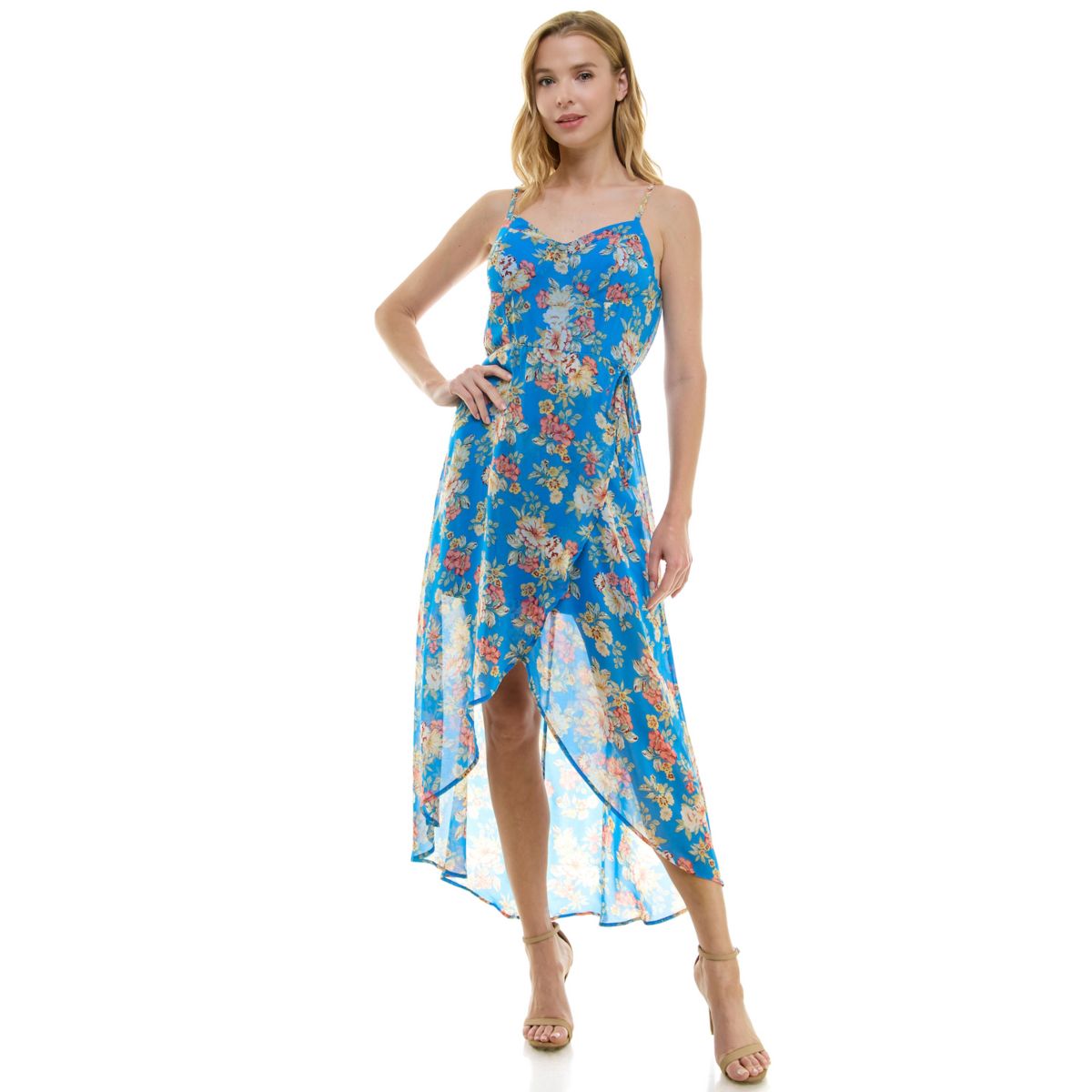 Juniors' Lily Rose Molded Cup Floral Print High-Low Chiffon Maxi Dress Lily Rose