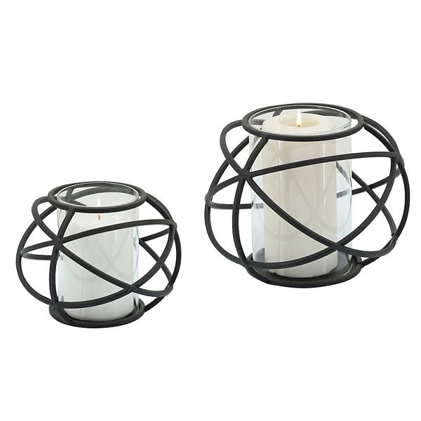 Set of 2 Black Glass Decorative Orb Candle Holders 8&#34; Kingston Living