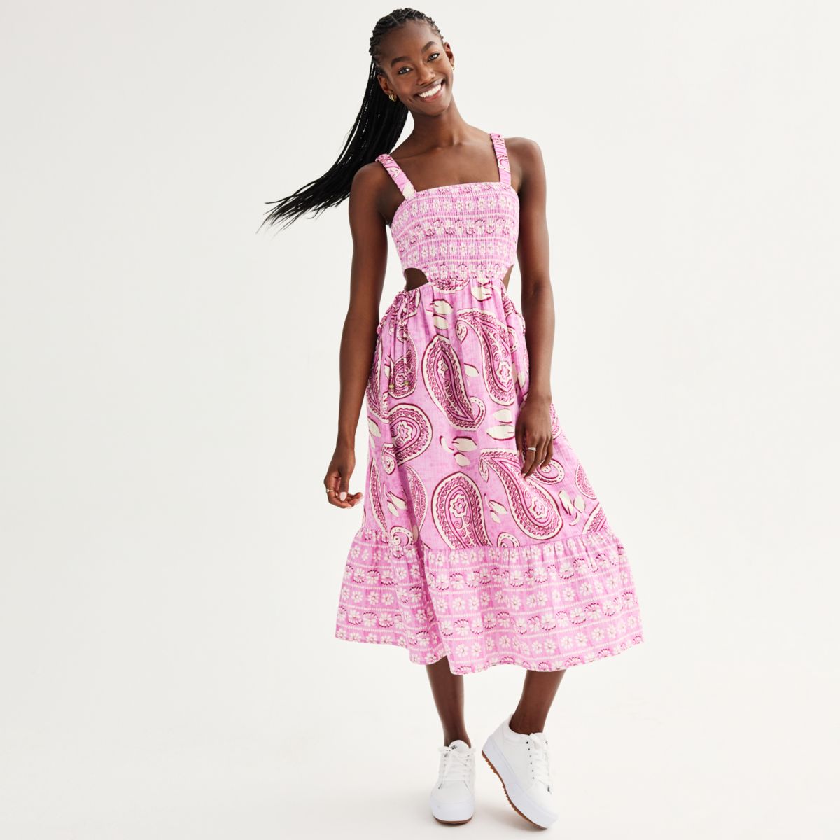 Juniors' SO® Paisley Print Smocked Cutout Tiered Midi Dress SO