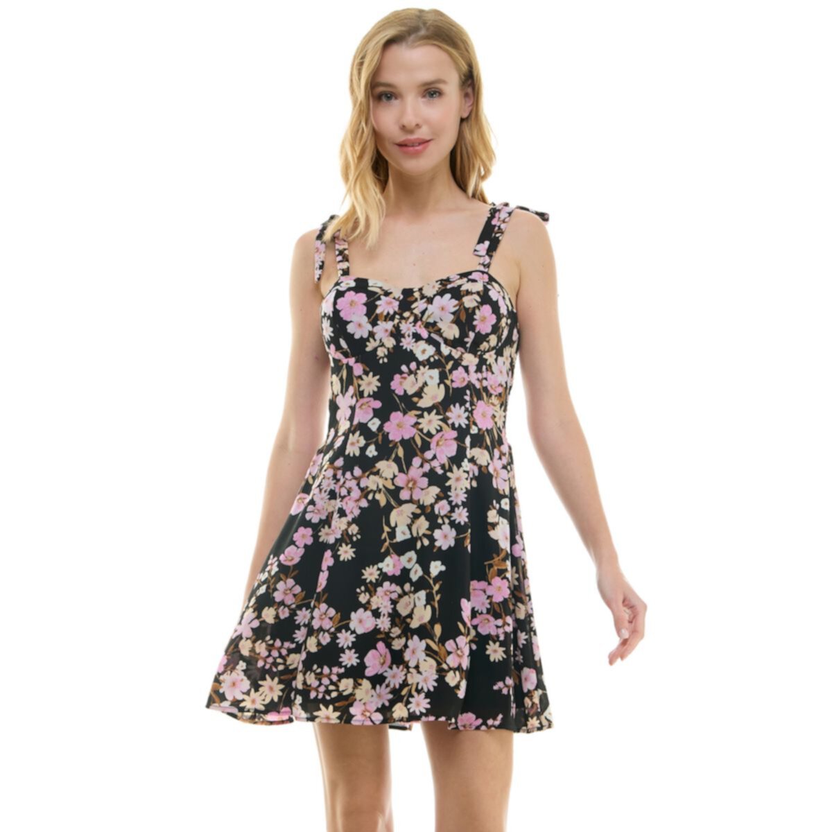 Juniors' Lily Rose Sleeveless Tie Shoulder Molded Cup Mini Skater Dress Lily Rose