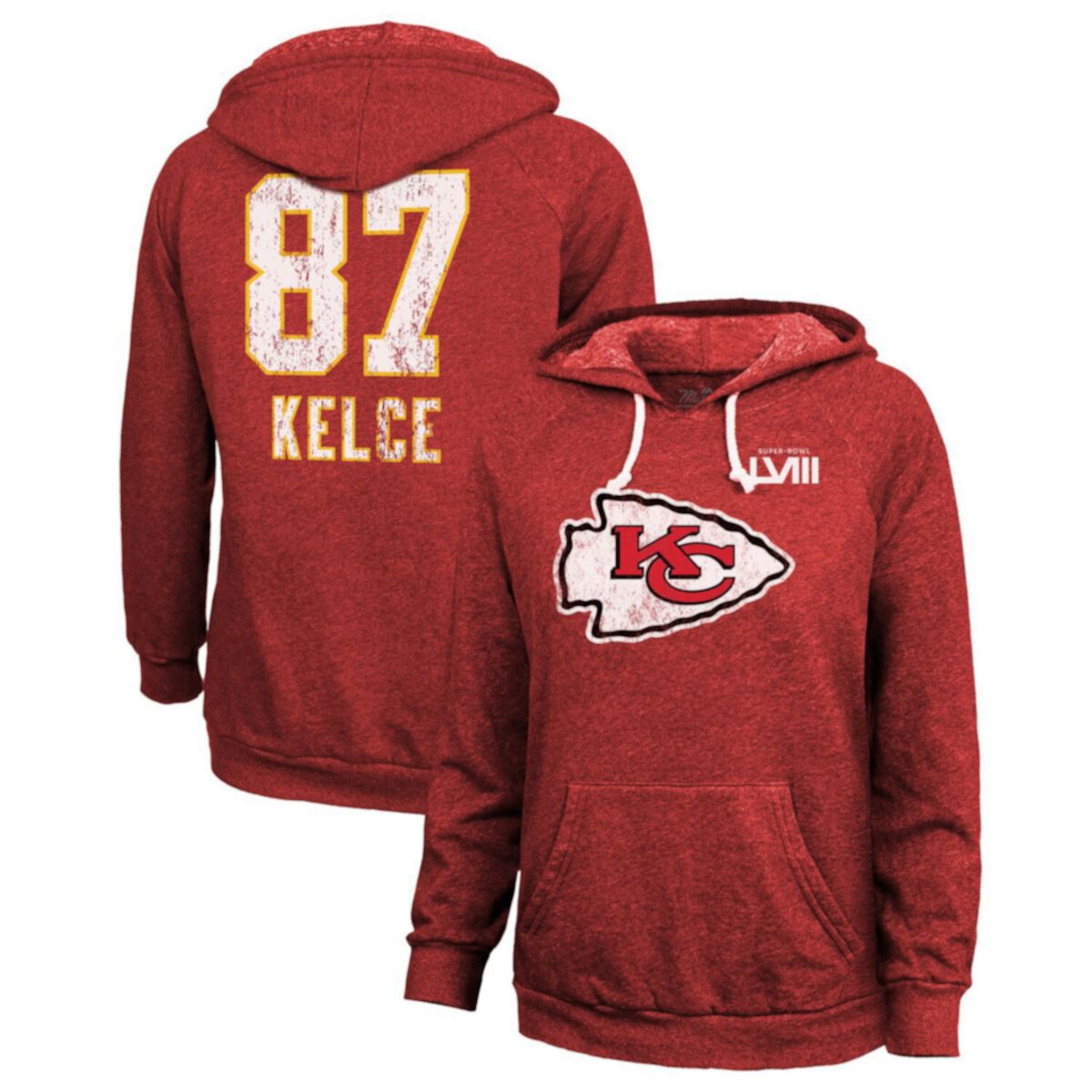 Women's Majestic Threads Travis Kelce Red Kansas City Chiefs Super Bowl LVIII Player Name & Number Tri-Blend Pullover Hoodie Majestic Threads