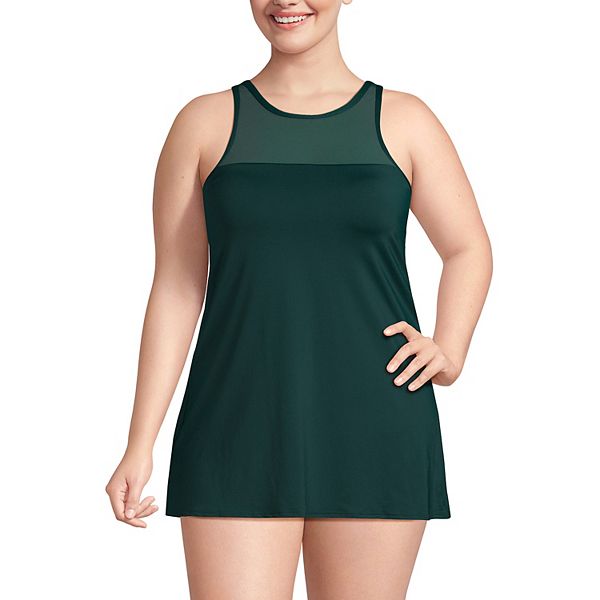 Plus Size Lands' End Chlorine Resistant Smoothing Control Mesh High Neck Swimdress Swimsuit Lands' End