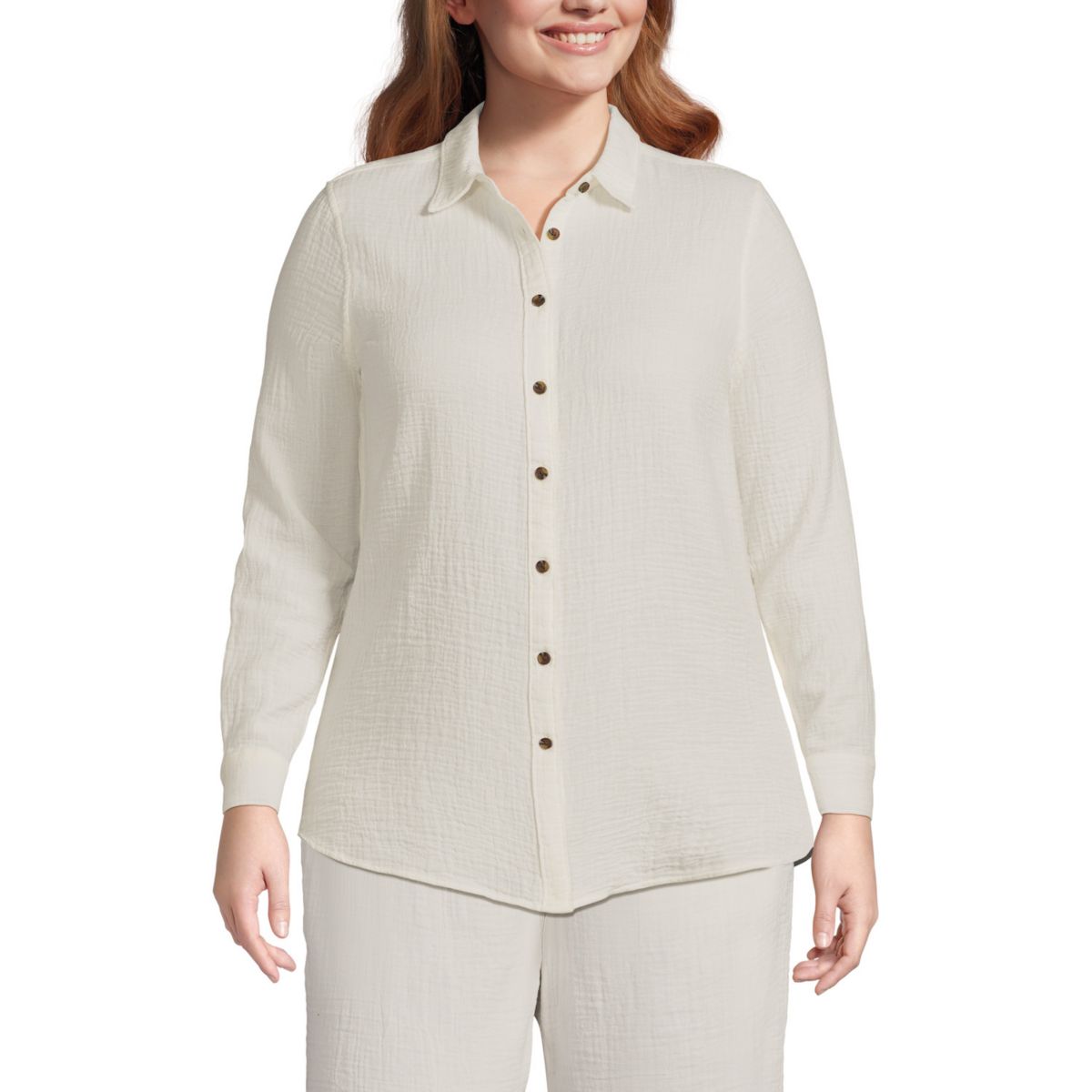 Женская Блузка Lands' End Crinkle Gauze Long Sleeve Button Down Tunic Lands' End