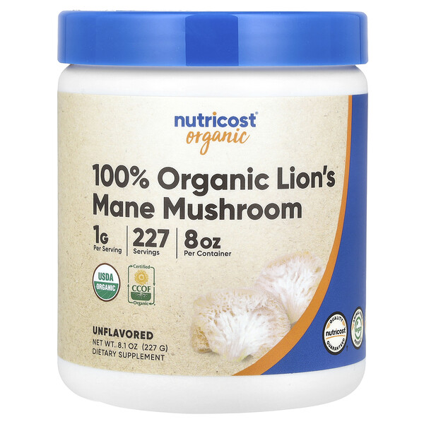 100% Organic Lion's Mane Mushroom, Unflavored (Без вкуса) , 8.1 oz (Унции) (227 g) Nutricost