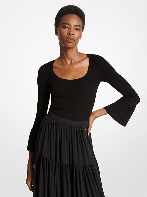 Ribbed Stretch Viscose Ruffle-Sleeve Sweater MICHAEL KORS COLLECTION