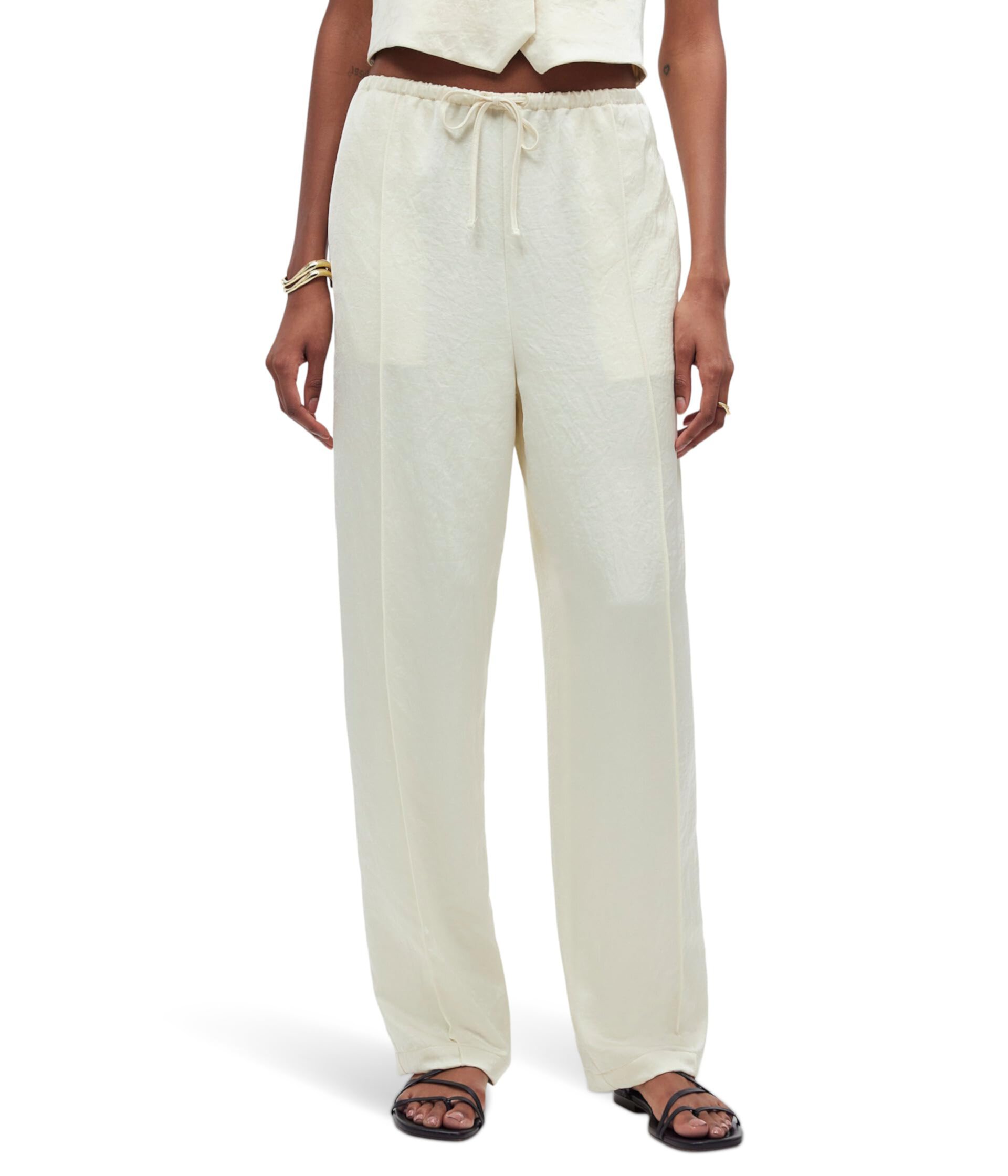 Pintucked Slim Pull-On Pants in Satin Madewell