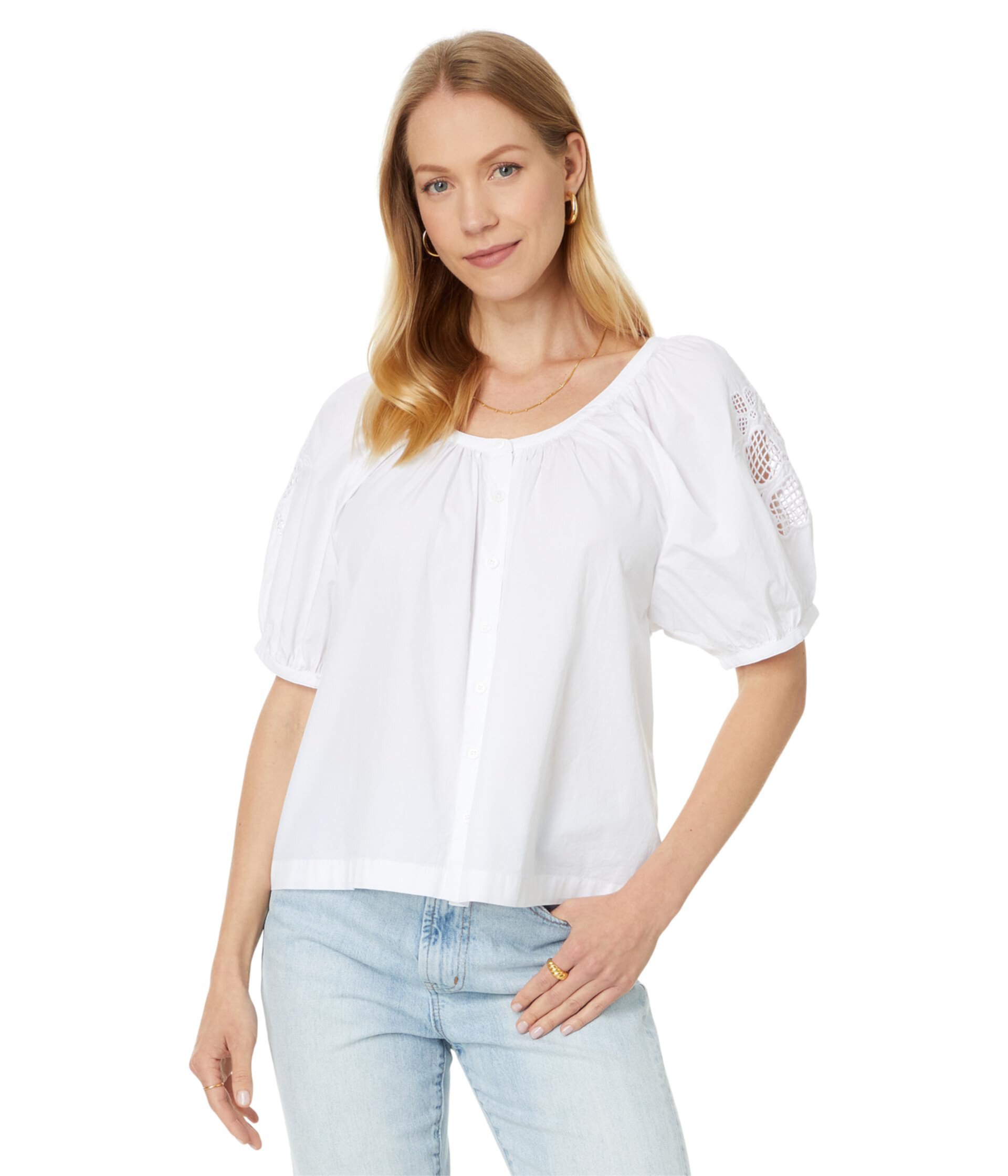 Embroidered Puff-Sleeve A-Line Top in Poplin Madewell