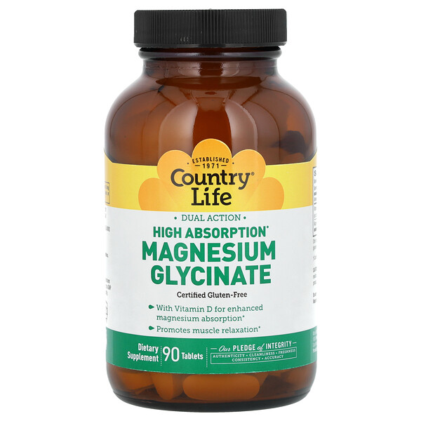 High Absorption Dual Action Magnesium Glycinate, 90 Tablets Country Life