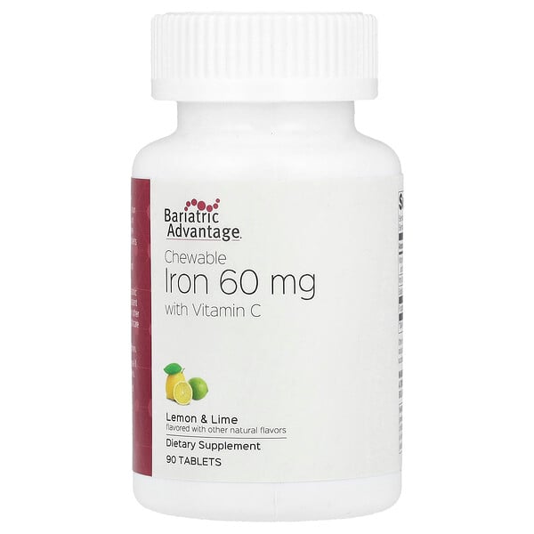 Chewable Iron with Vitamin C, Lemon & Lime, 60 mg, 90 Tablets Bariatric Advantage