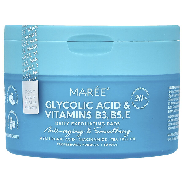 Daily Exfoliating Pads, Glycolic Acid & Vitamins B3, B5, E, Peach, 50 Pads Maree