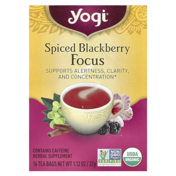 Чай Spiced Blackberry Focus, 16 пакетиков, 32 г, для поддержки ясности ума Yogi