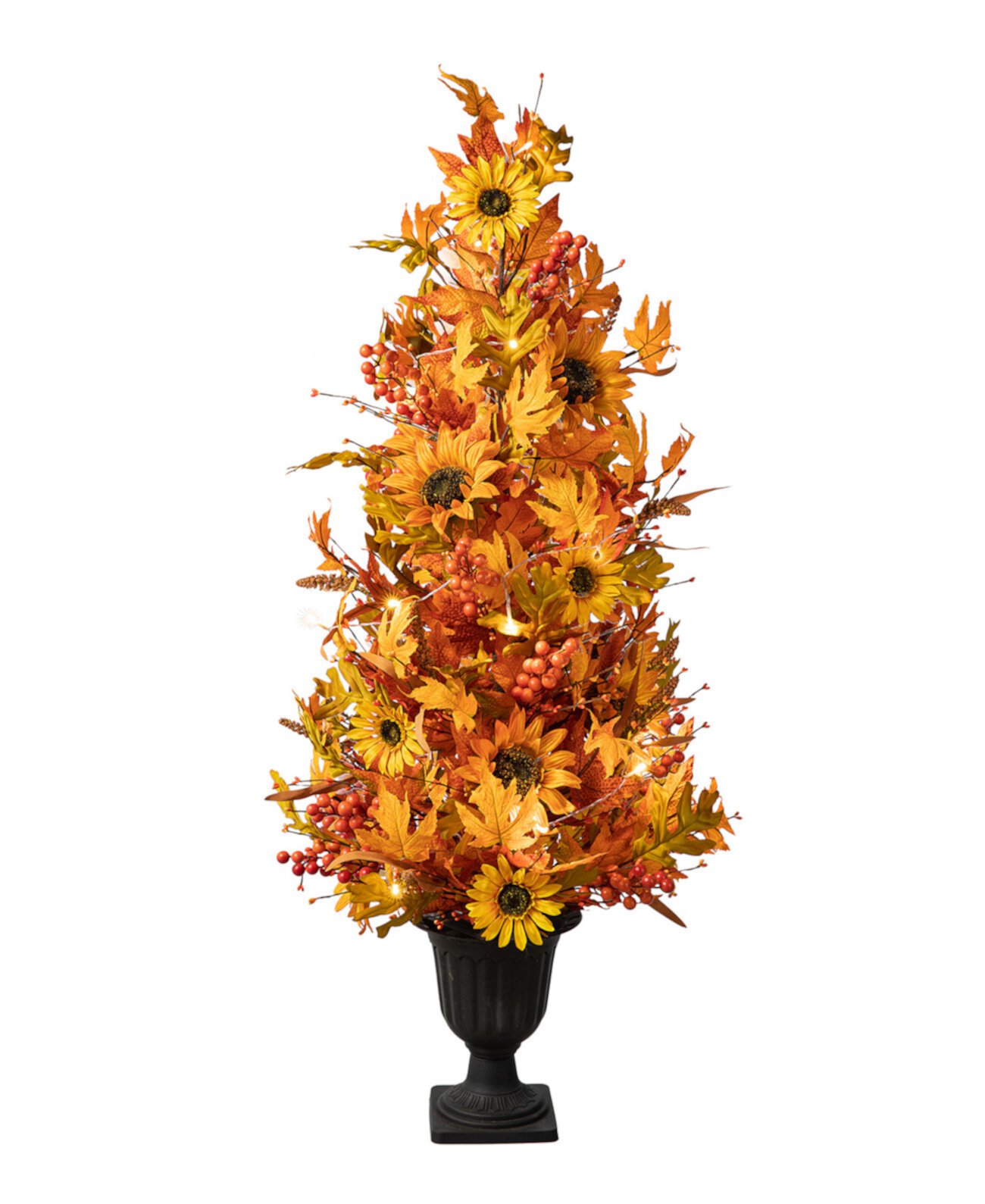 48"H Fall Lighted Maple Leaf and Sunflower Urn Porch Tree with Timer Glitzhome