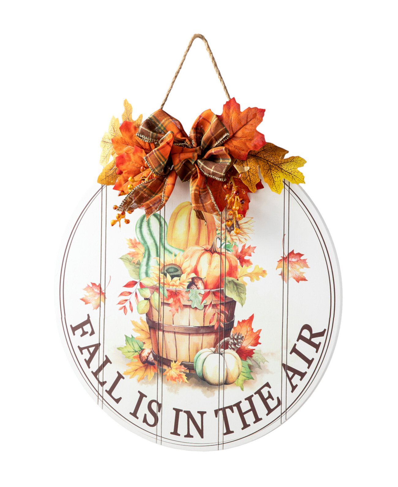 15"D Fall Wooden Round Word Sign Door Hanger Glitzhome