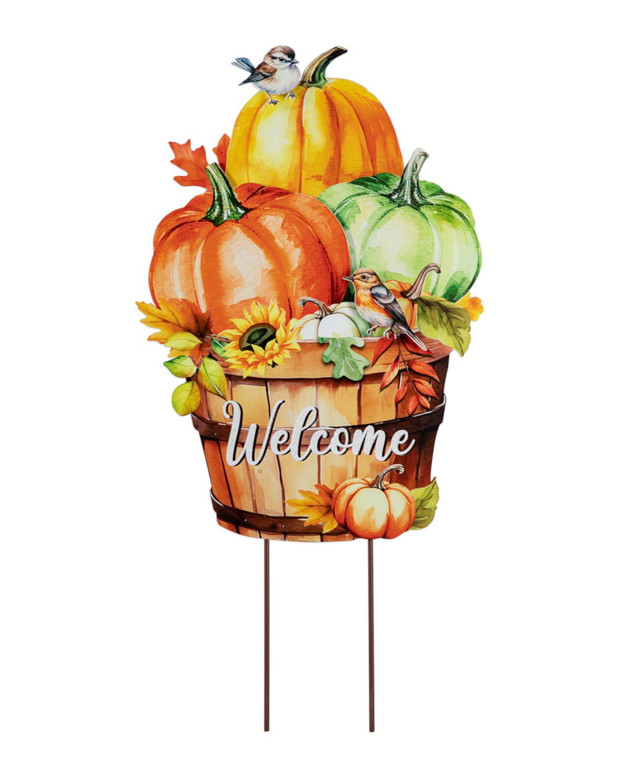 30.25"H Fall Metal Pumpkins with Barrel Yard Stake Glitzhome