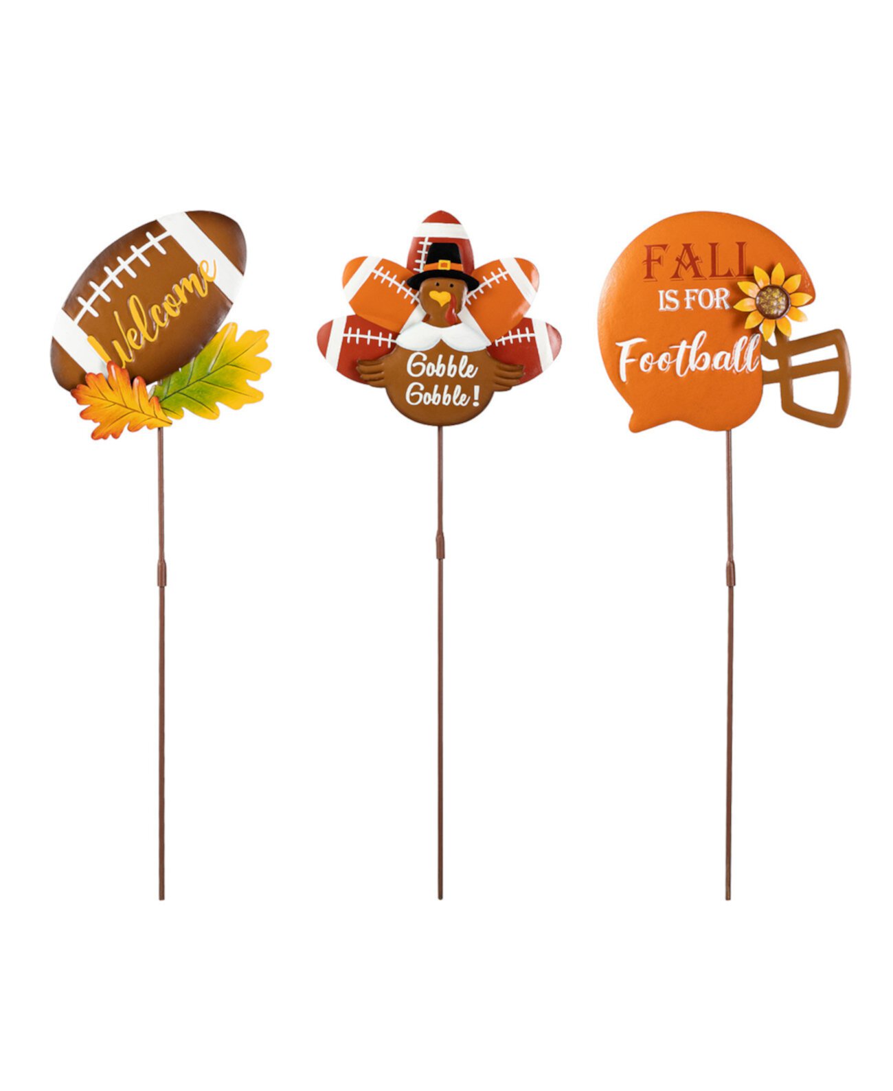 24"H Set of 3 Thanksgiving Metal Football Turkey Yard Stake Glitzhome