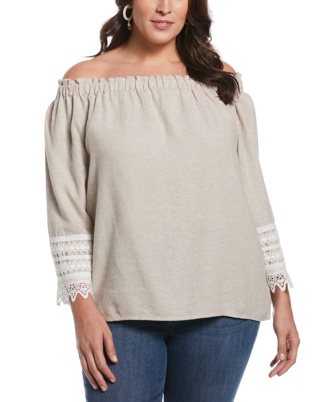 Plus Size Linen Blend Off the Shoulder 3/4 Sleeve Top ELLA rafaella