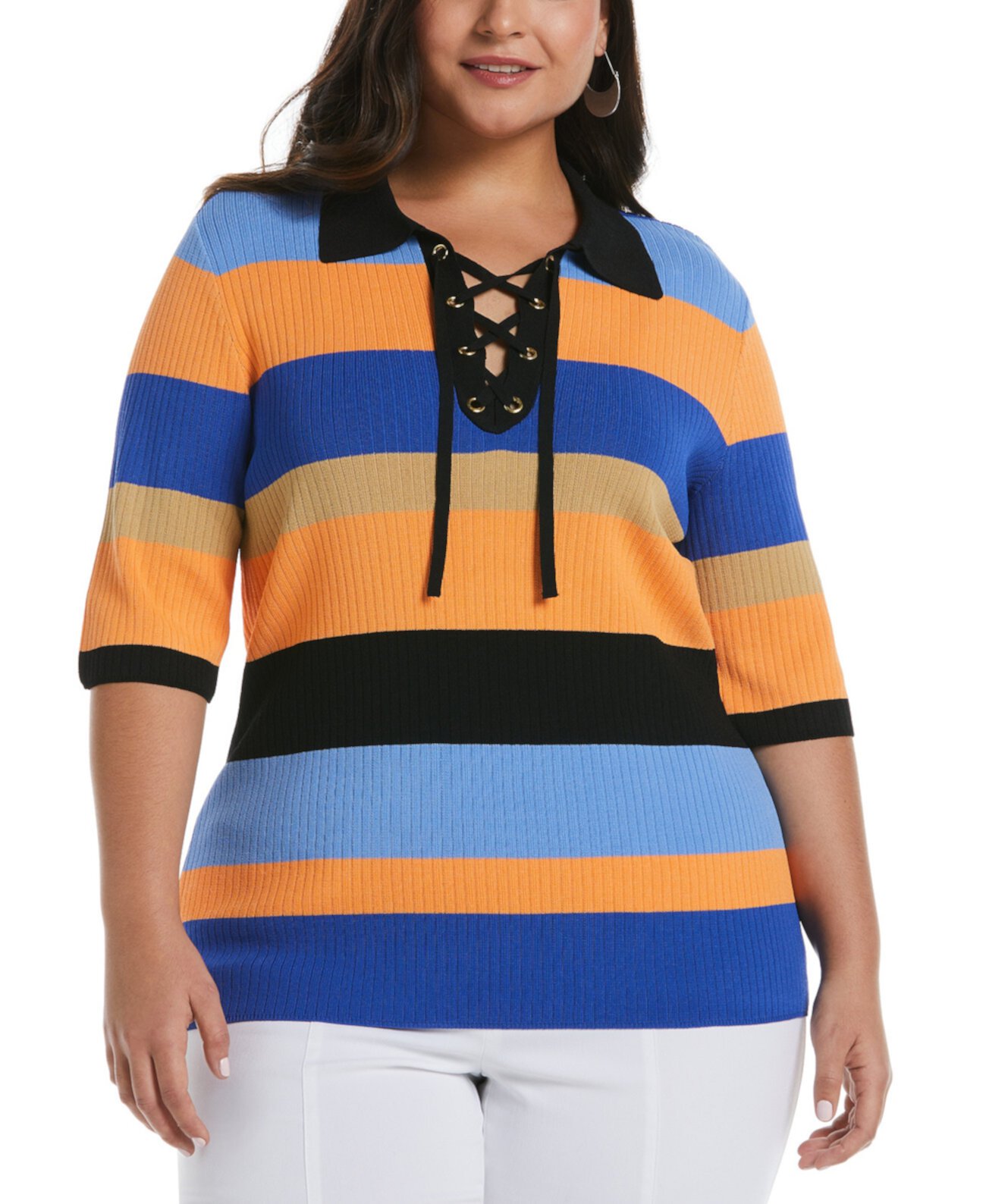 Plus Size Lace-Up Short Sleeve Polo Sweater ELLA rafaella