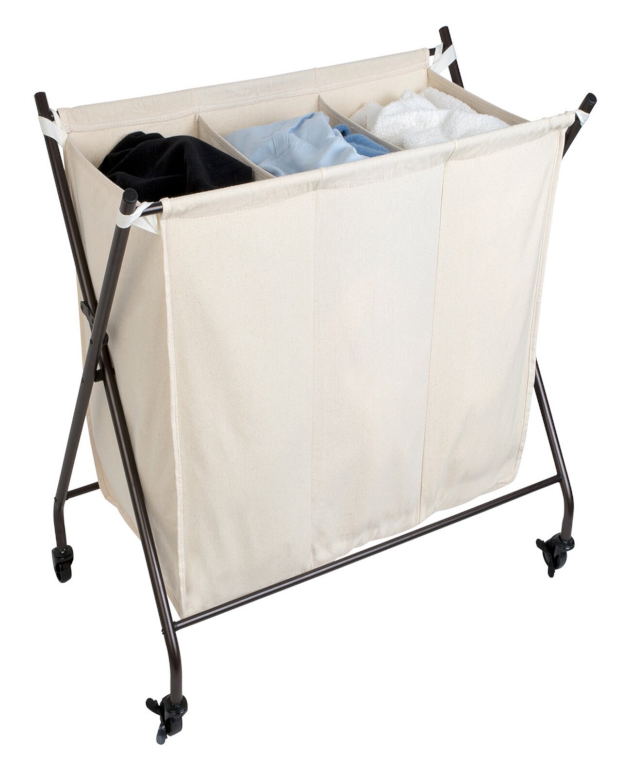Premium 3 Compartment Rolling Canvas Laundry Sorter Hamper with Wheels and Handles Smart Design