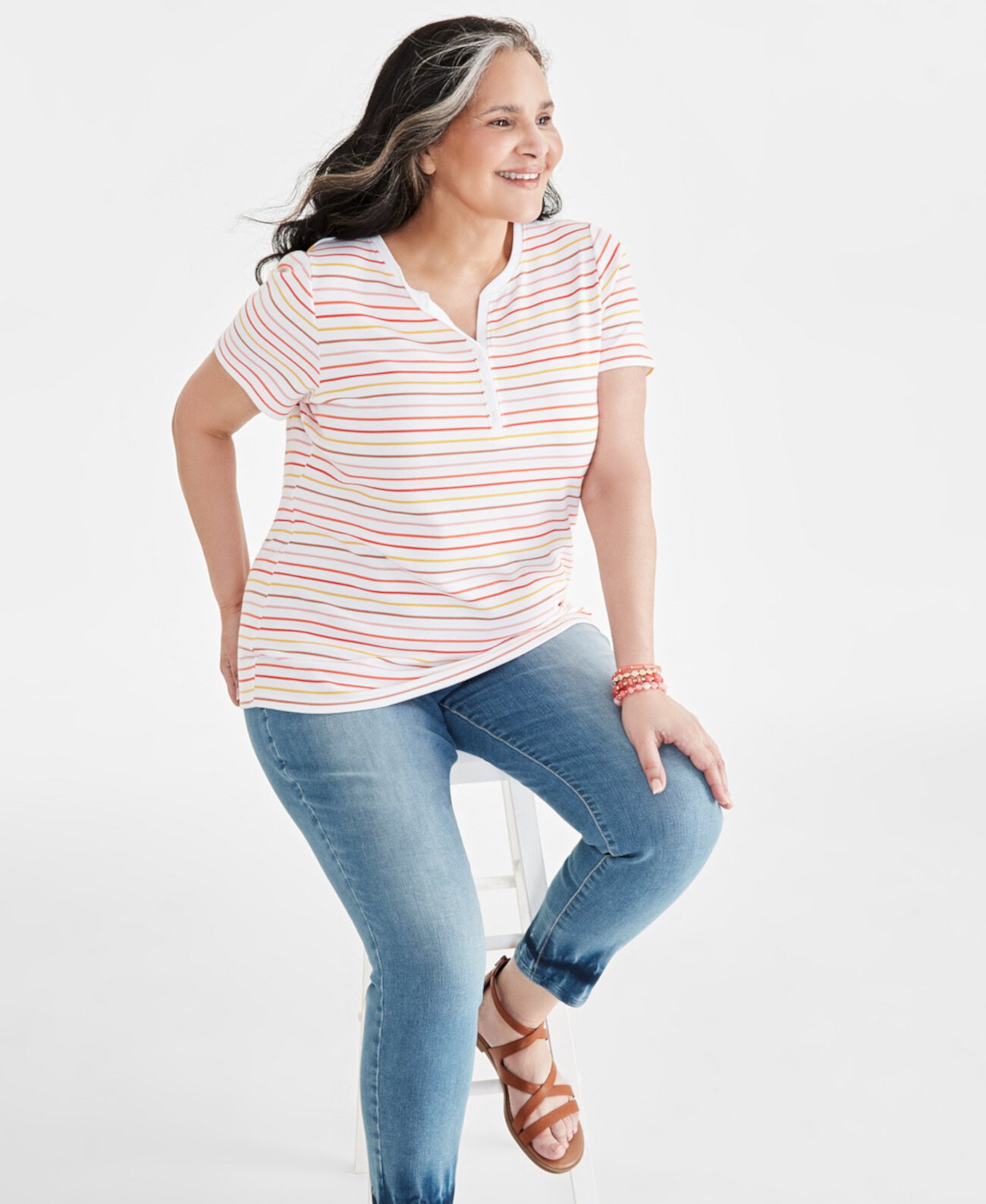 Plus Size Printed Short-Sleeve Henley Top, Created for Macy's Style & Co