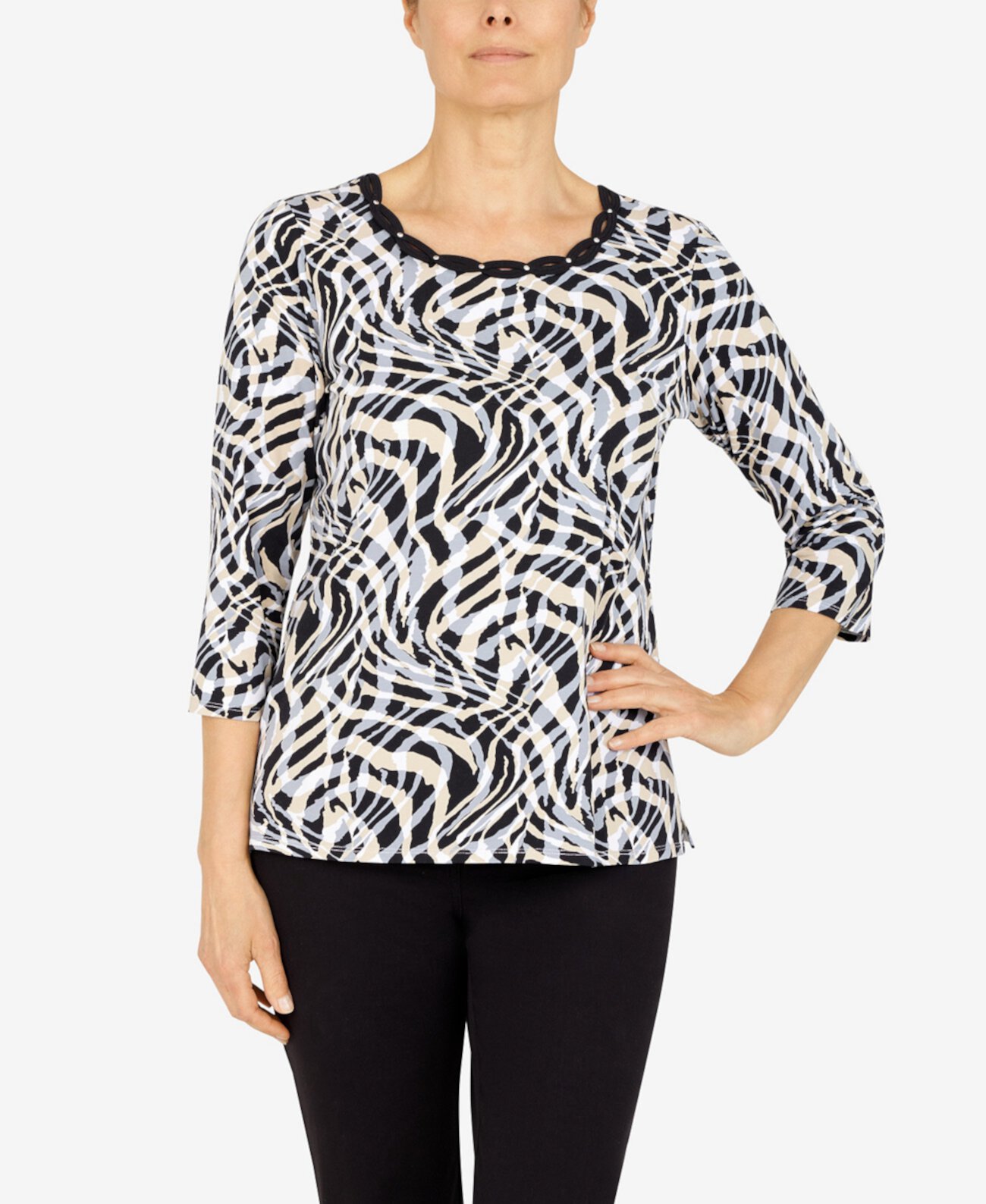 Women's three quarter length sleeves Swirled Stripe Top Alfred Dunner