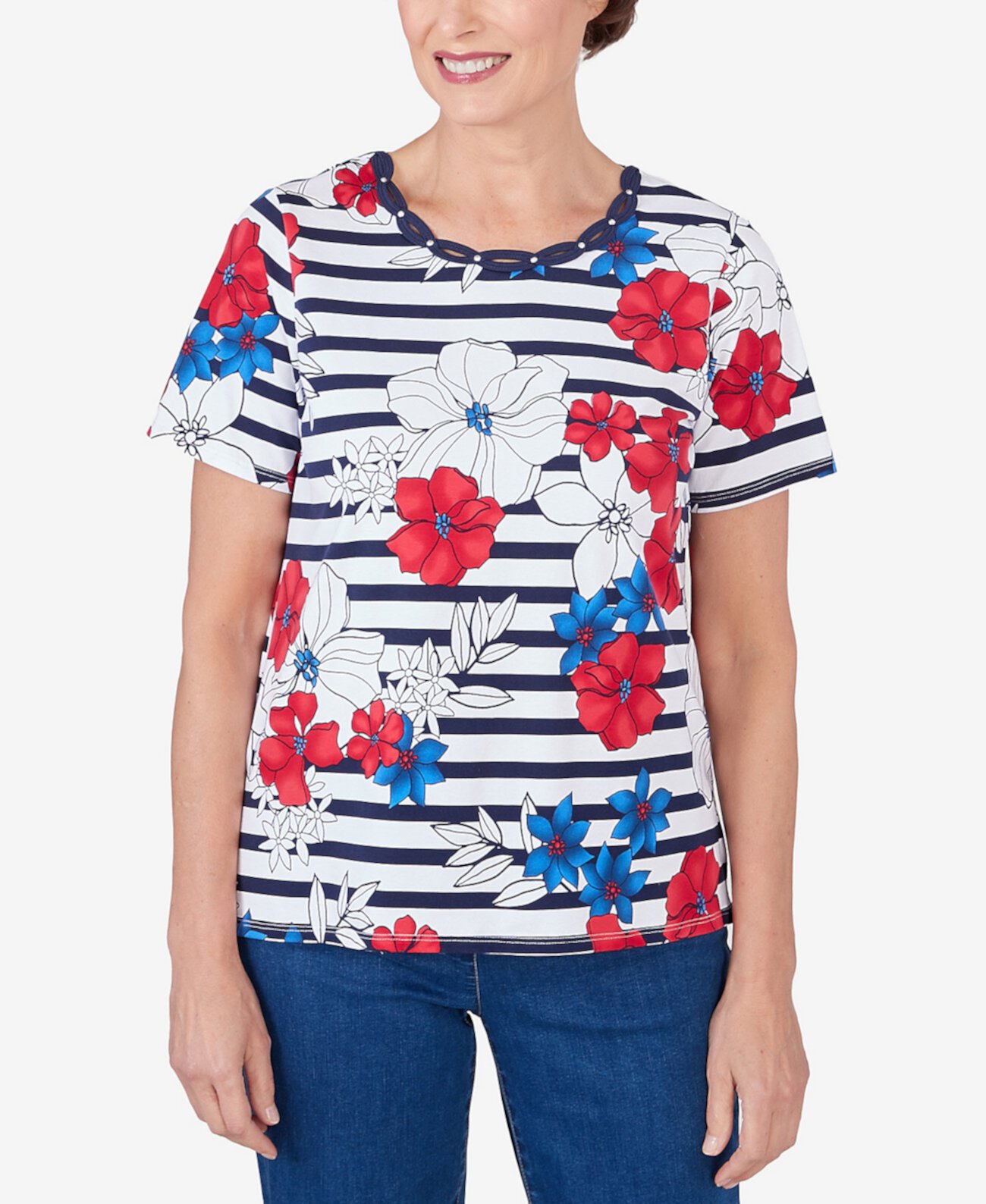 Женская Блузка Alfred Dunner Floral Stripe Braided Neck Tee Alfred Dunner