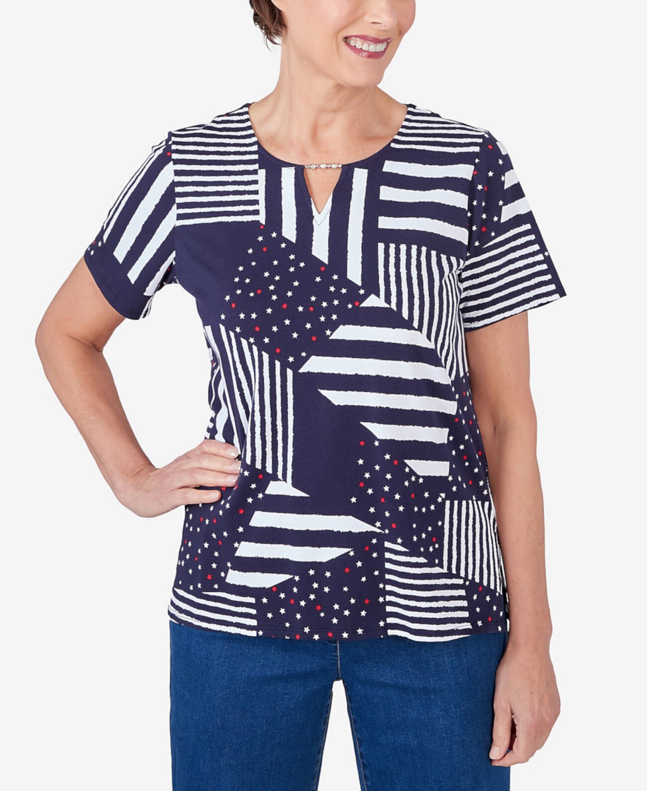 Women's Stars And Stripes Split Neck Tee Alfred Dunner