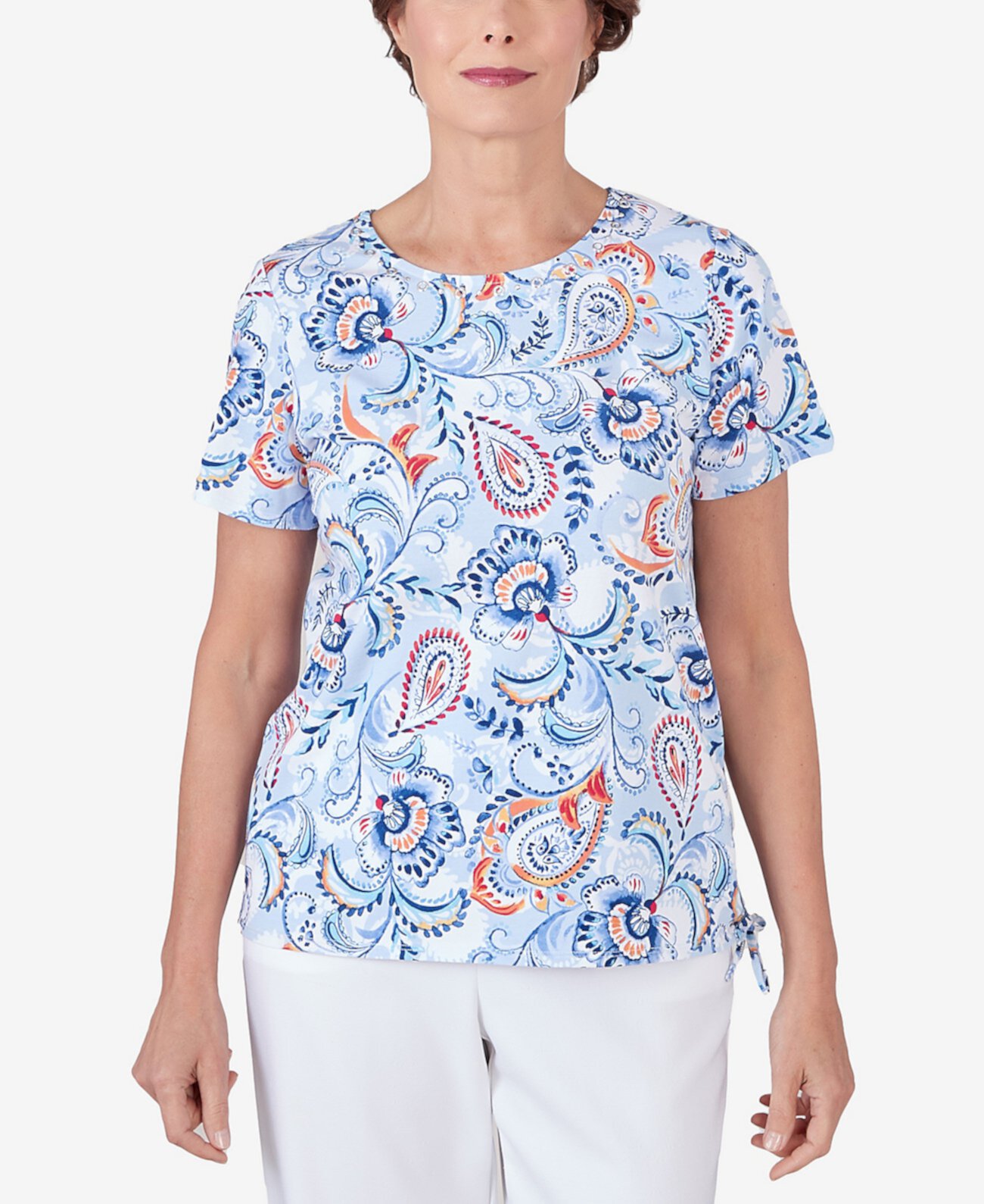 Women's Drawstring Hem Jacobean Short Sleeve Tee Alfred Dunner