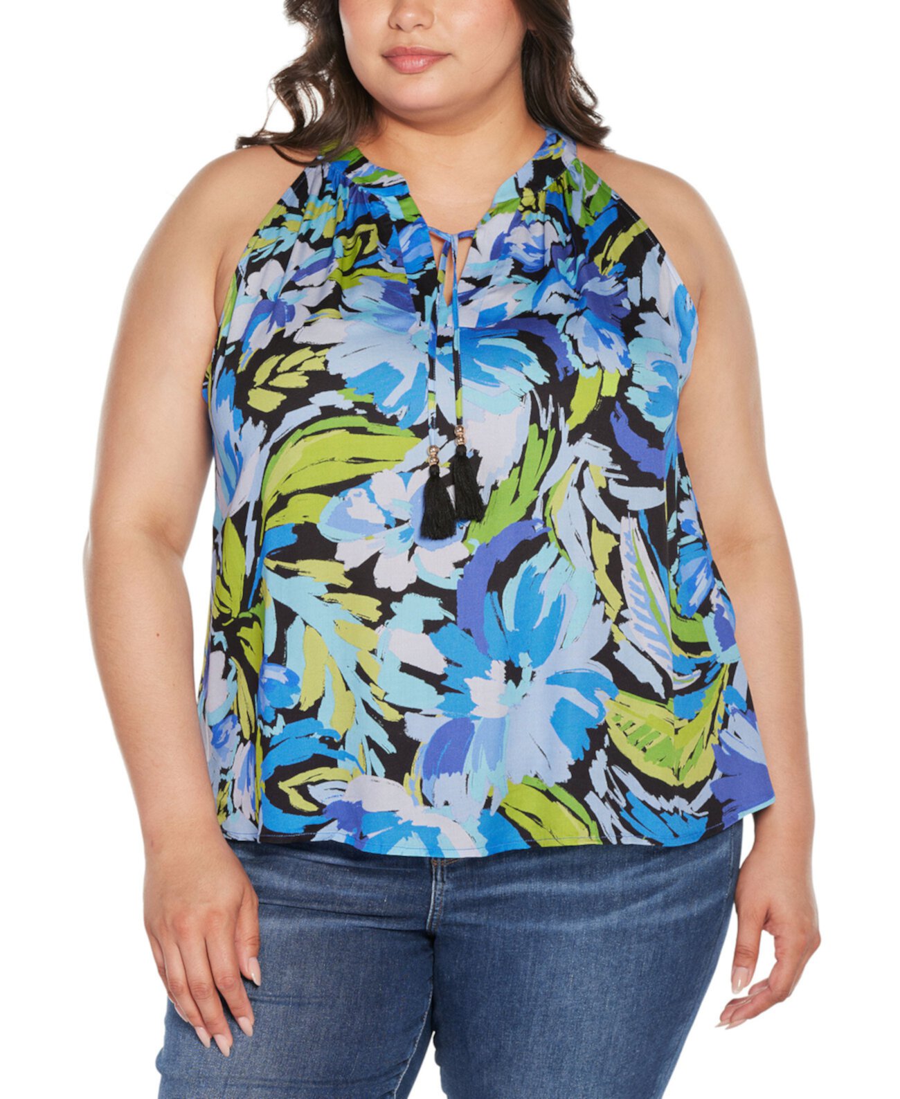 Женская Блузка Belldini Black Label Plus Size Abstract Floral Tie-Neck Sleeveless Top Belldini