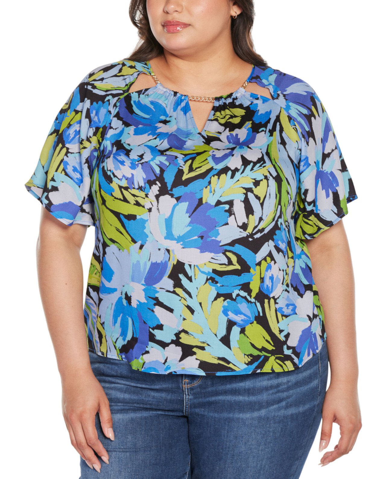 Женская Блузка Belldini Black Label Plus Size Abstract Floral Cutout Detail Top Belldini