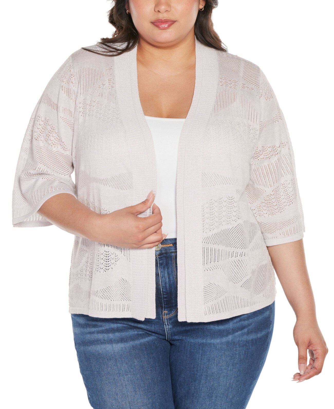 Black Label Plus Size Metallic Pointelle Stitch Cardigan Sweater Belldini