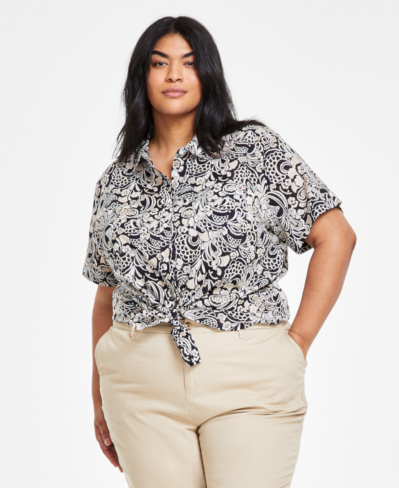 Plus Size Cotton Cuffed-Sleeve Camp Shirt Tommy Hilfiger