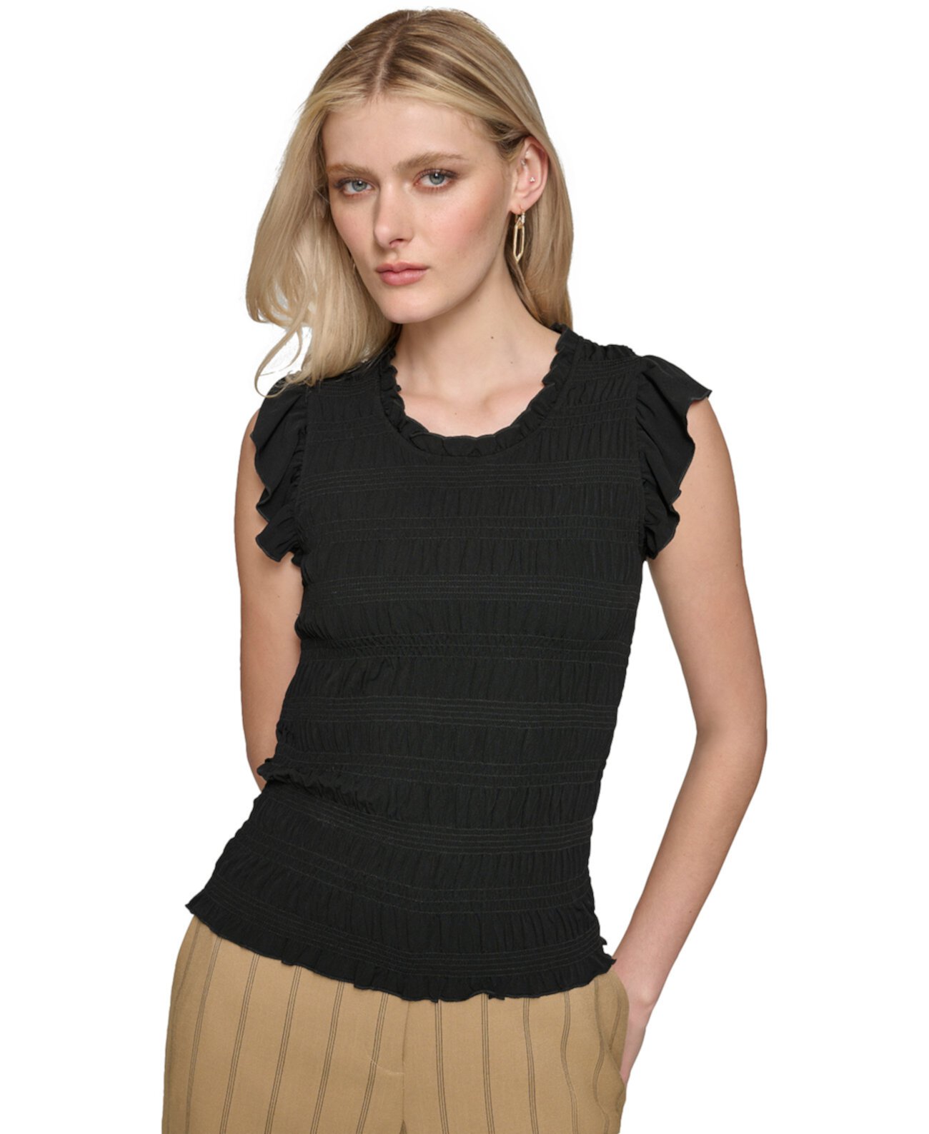 PARIS Women's Smocked Ruffled Top Karl Lagerfeld Paris