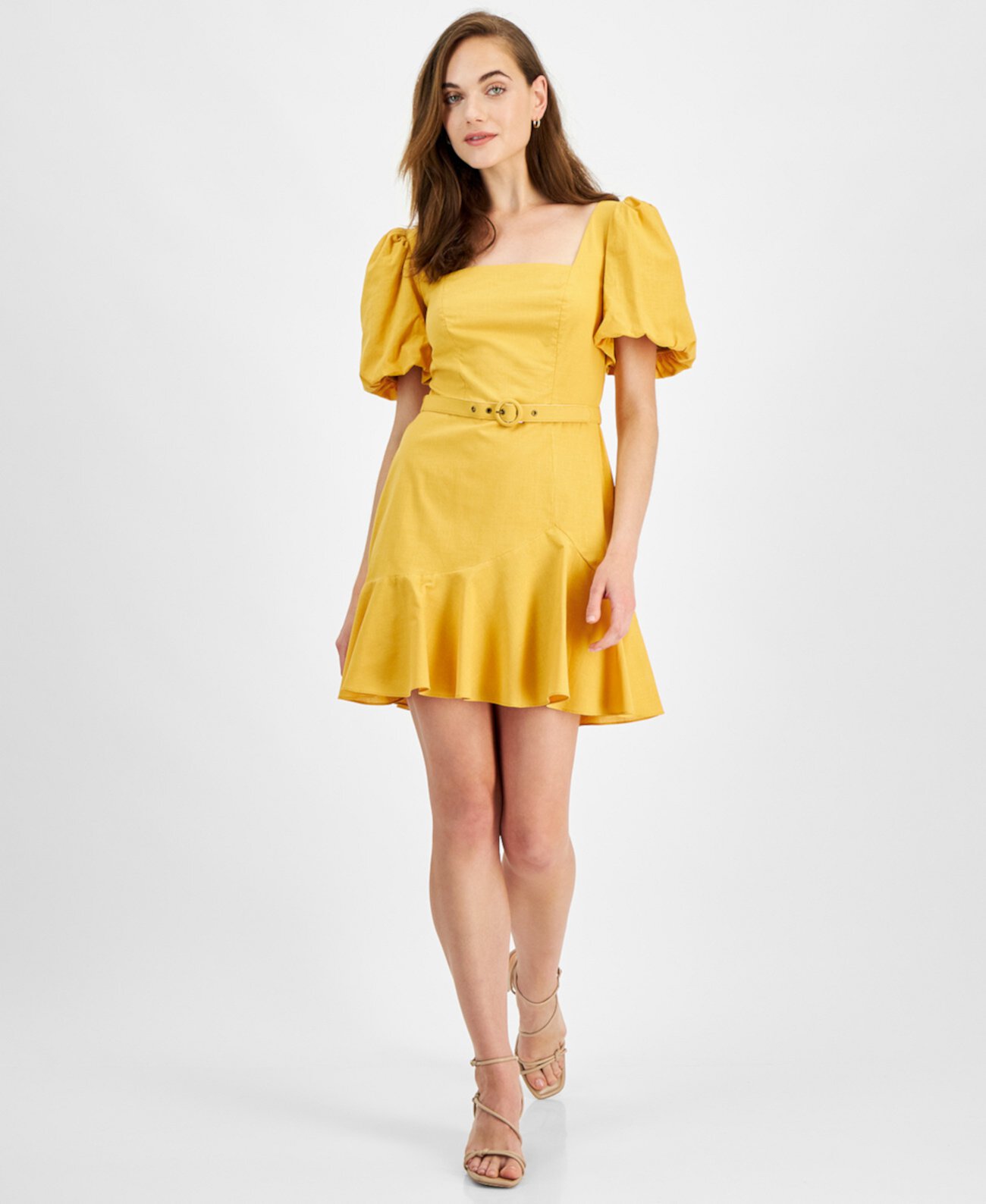 Juniors' Cotton Balloon-Sleeve Belted Mini Dress City Studios