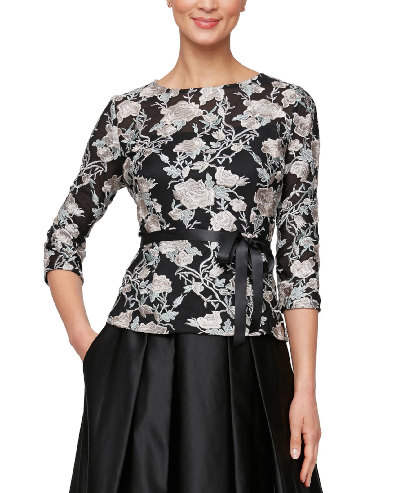 Women's Embroidered Floral Belted Blouse Alex Evenings