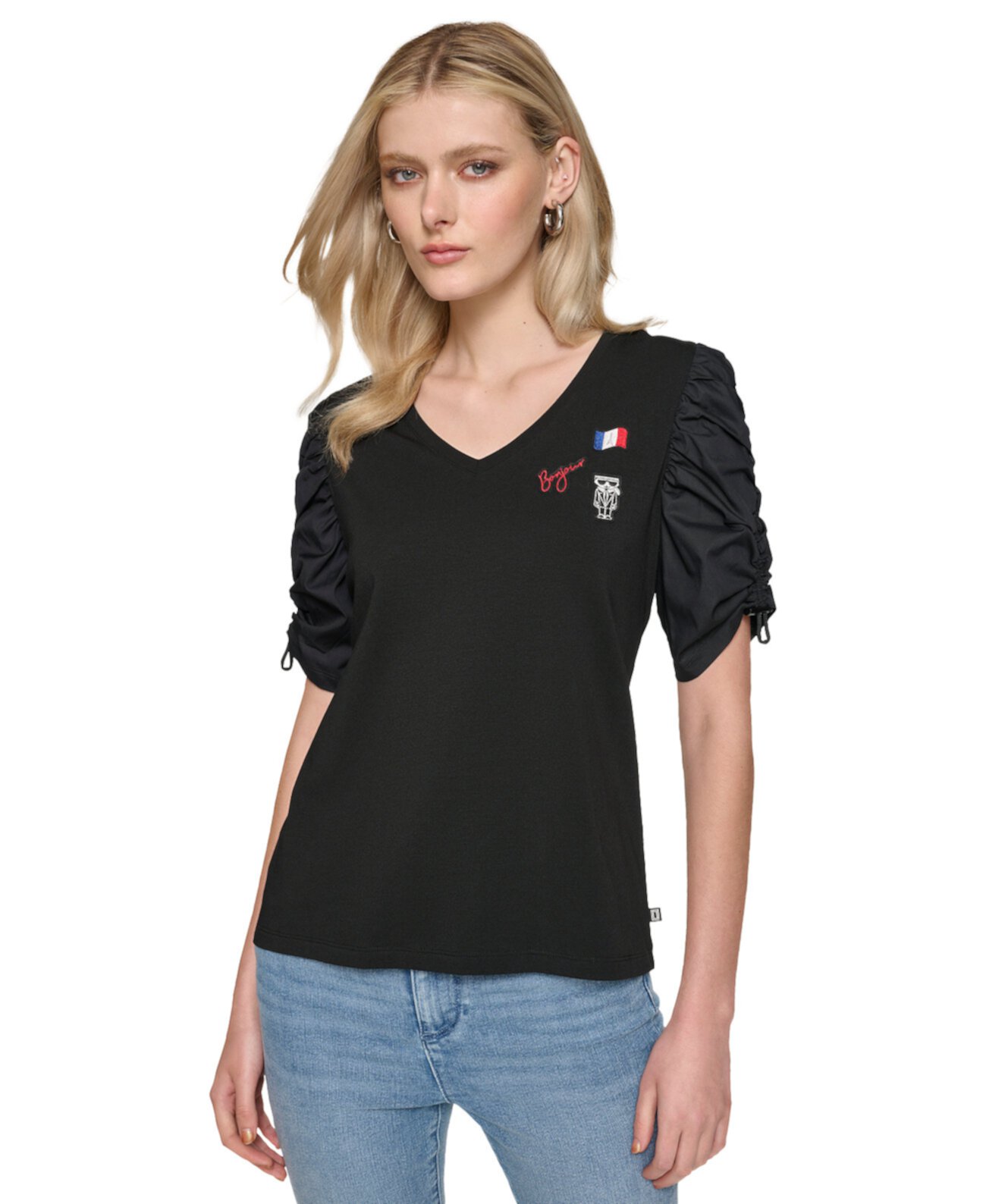 Women's Ruched-Sleeve V-Neck Top Karl Lagerfeld Paris