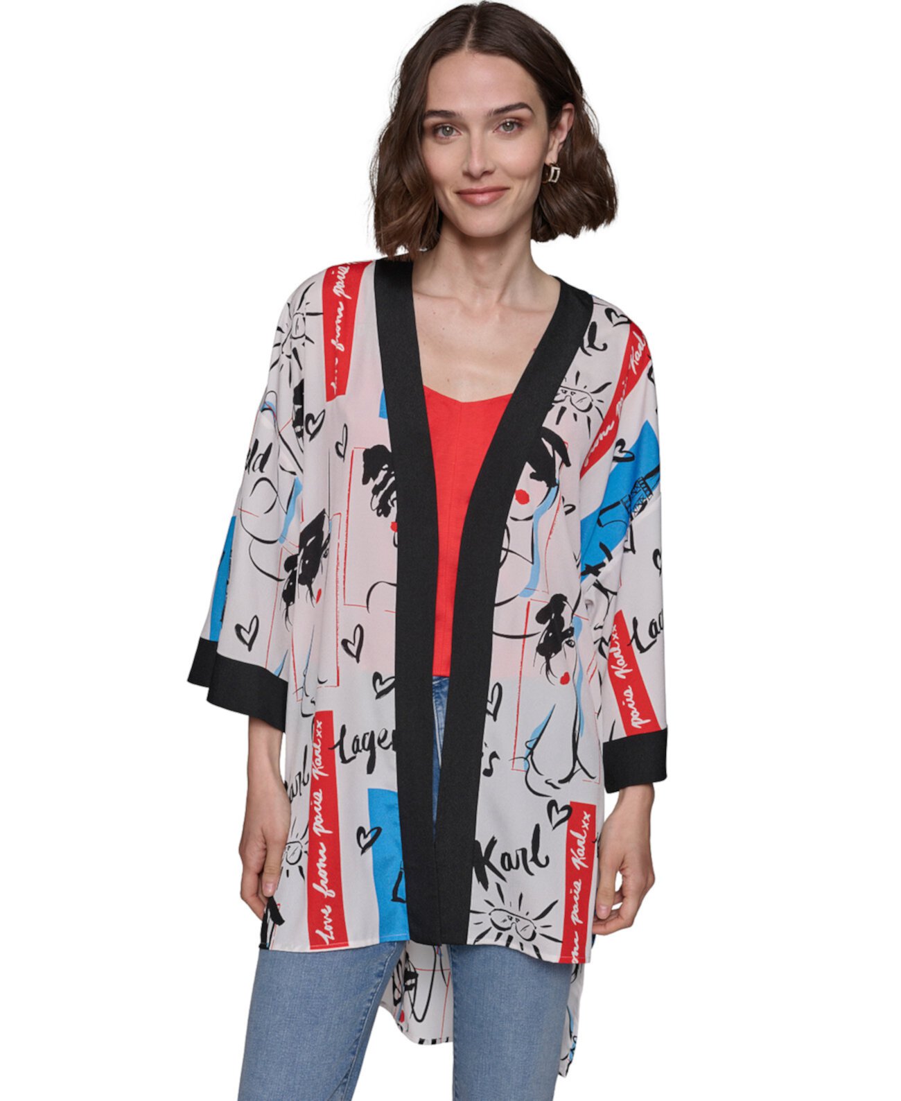 Women's Printed Kimono High-Low-Hem Top Karl Lagerfeld Paris