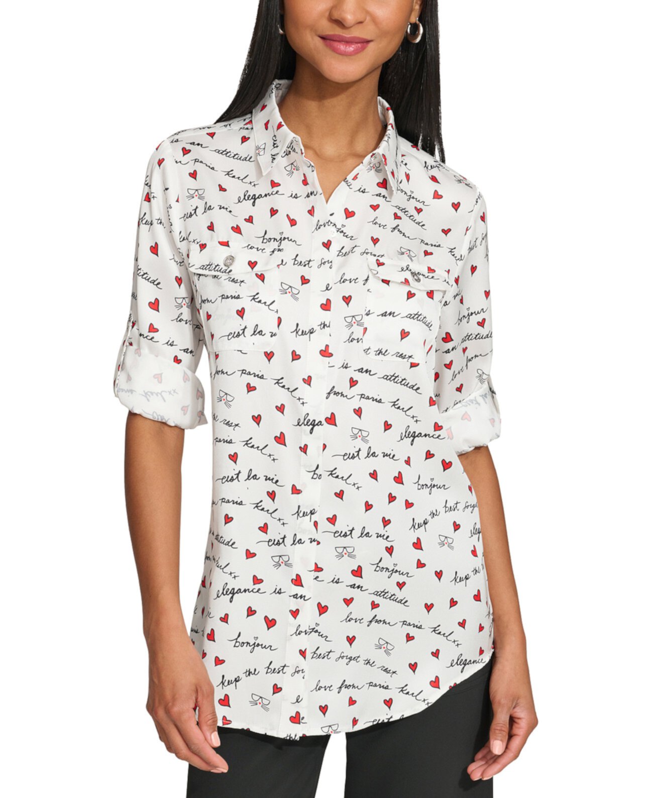 Women's Whimsical-Print Roll-Sleeve Top Karl Lagerfeld Paris