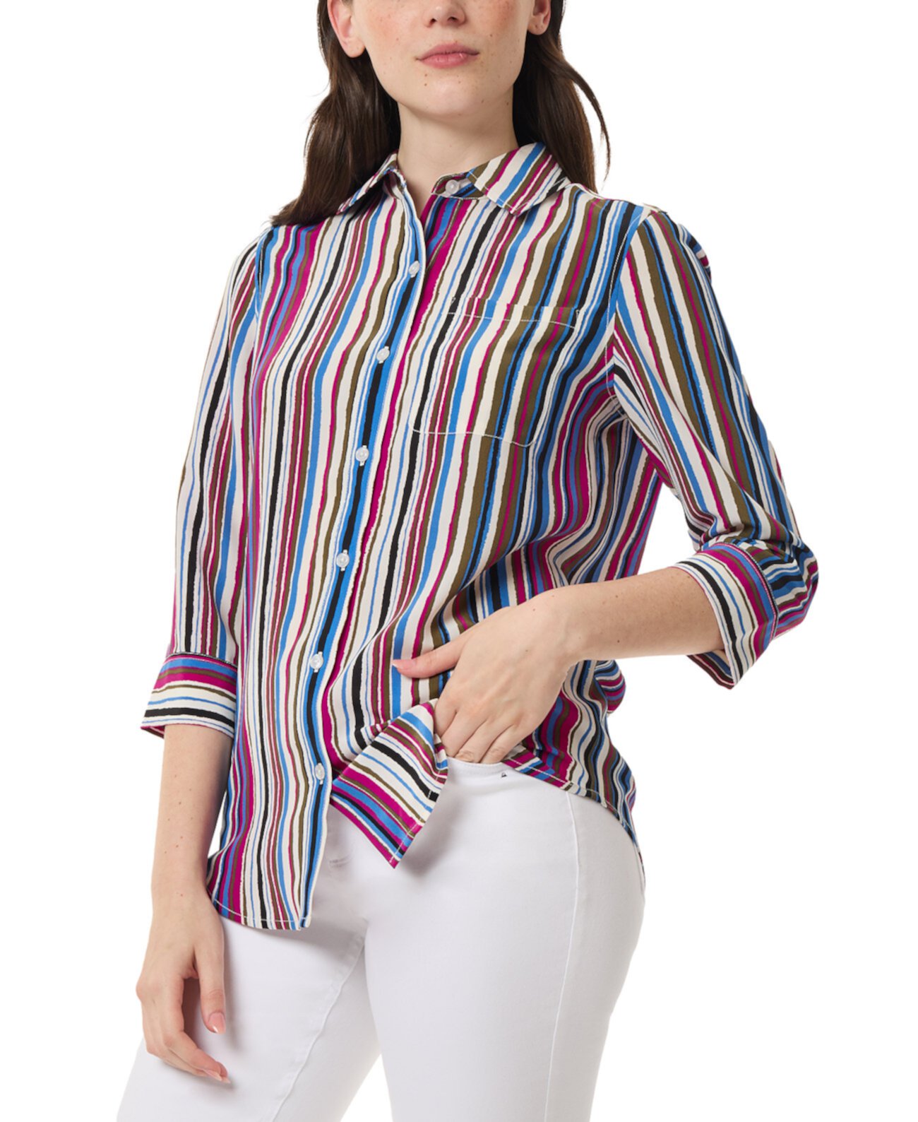 Women's Striped 3/4-Sleeve Collared Blouse Jones New York