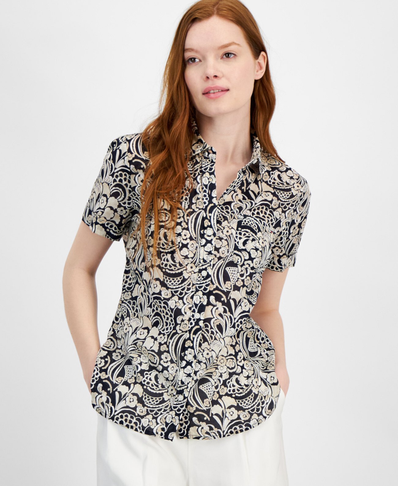 Women's Cotton Floral-Print Short-Sleeve Shirt Tommy Hilfiger