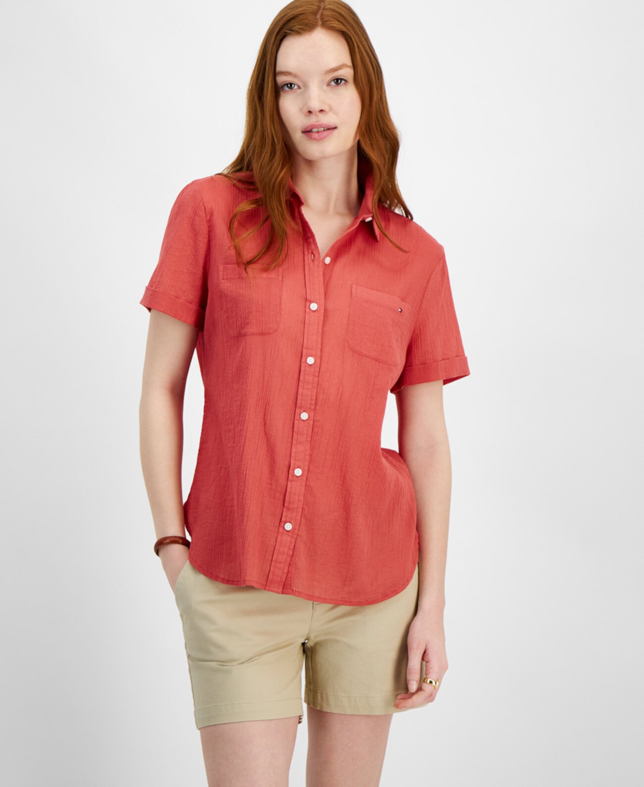 Women's Cotton Solid Short-Sleeve Shirt Tommy Hilfiger