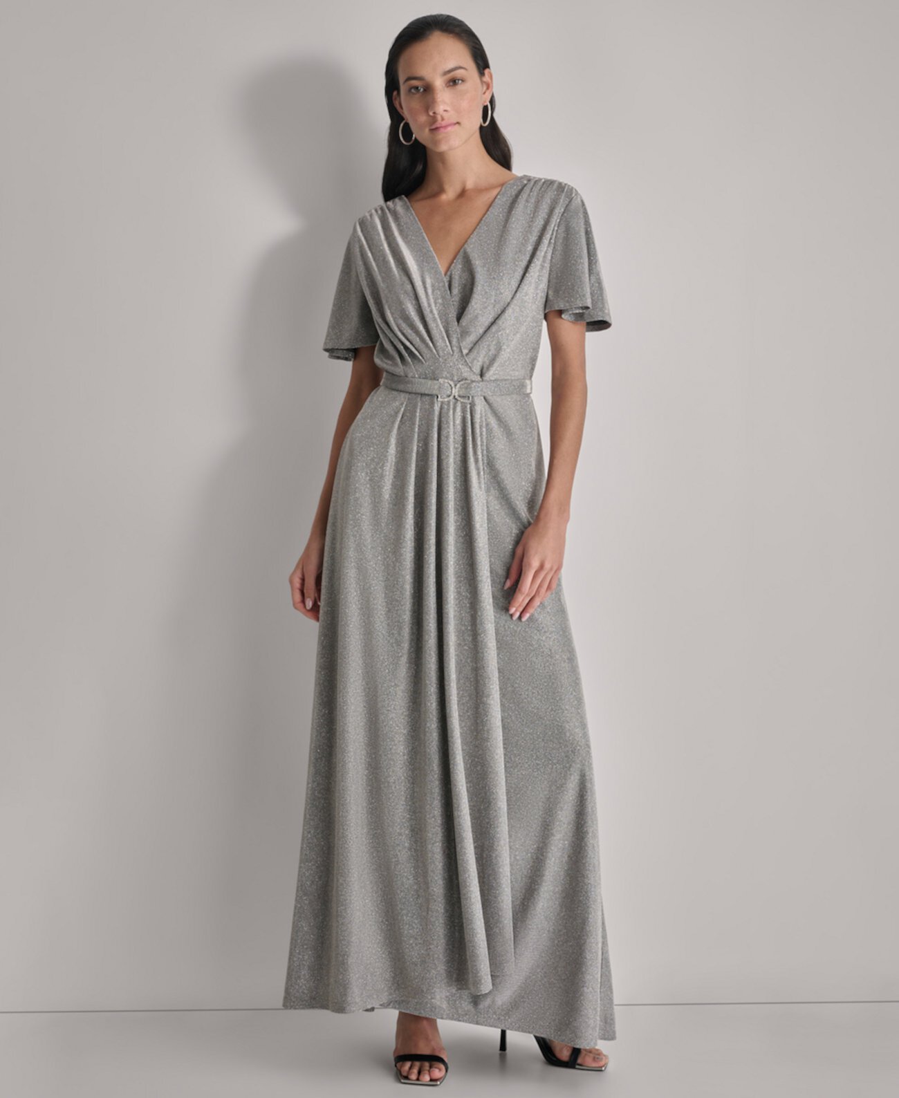 Women's Metallic Pleated Belted Flutter-Sleeve Gown DKNY
